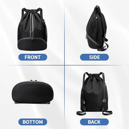 Drawstring Backpack Gym Bag with Shoe Compartment - Ideal for Basketball, Swimming, Beach Activities, Unisex - color: Black