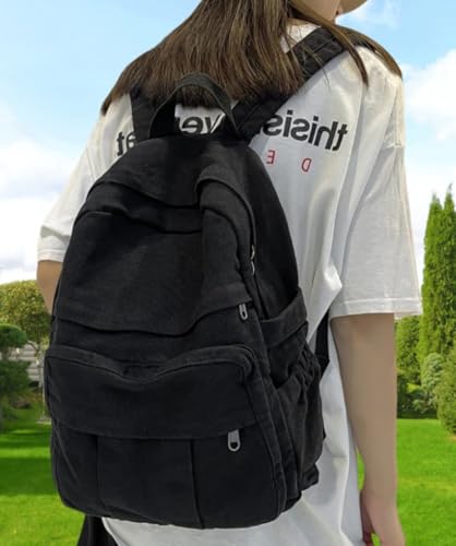Black Canvas Backpack for Women & Men Retro Aesthetic Rucksack Basic Backpack for High School/College Students Travel Laptop Bag - color: Black