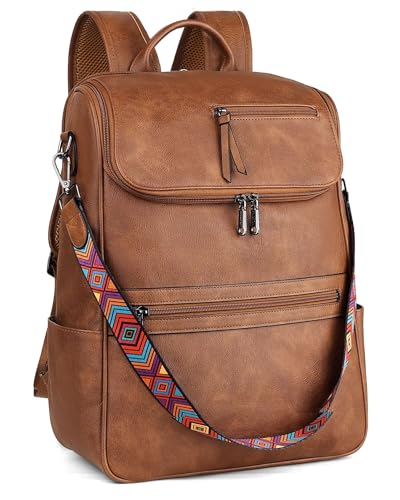 FADEON Laptop Backpack for Women Leather Travel Backpack with Laptop Compartment, Designer Ladies Computer Backpacks Brown - color: 1 Brown Retro Style