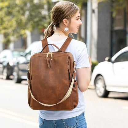 Dora & Liz Laptop Backpack for Women, Leather Travel Backpack with 15.6 Inch Laptop Compartment, College Work Computer Bag - color: Caramel
