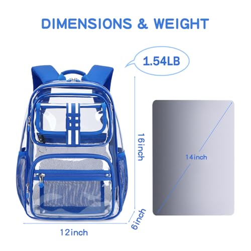 Cusangel Clear Large Backpack for School,16in Heavy Duty Clear BookBag,TPU Large Capacity See Through Backpack for Stadiums,Concerts,Plastic transparente para mujer for 8Age+ Boys Girls - color: Blue Clear 16in