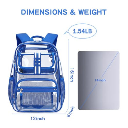 Cusangel Clear Large Backpack for School,16in Heavy Duty Clear BookBag,TPU Large Capacity See Through Backpack for Stadiums,Concerts,Plastic transparente para mujer for 8Age+ Boys Girls - color: Blue Clear 16in