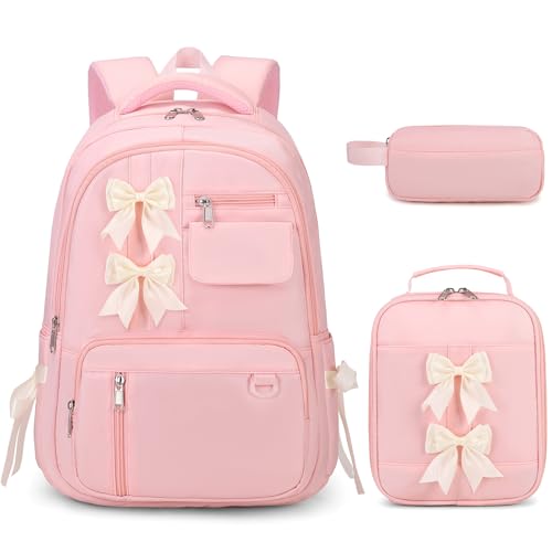 Bevalsa Backpack for Girls, Bow School Backpack for Kids with Lunch Bag & Pen Case, Cute Bookbag for Teens Girls Children for Elementary Middle High College Student, Back To School Gift (Pink) - color: Pink