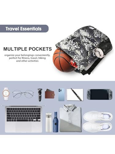 Waterproof Drawstring Backpack Sports Gym Sackpack with Mesh Pockets Water-Resistant String Cinch Beach Bag for Men Women - color: Print - Black Waves