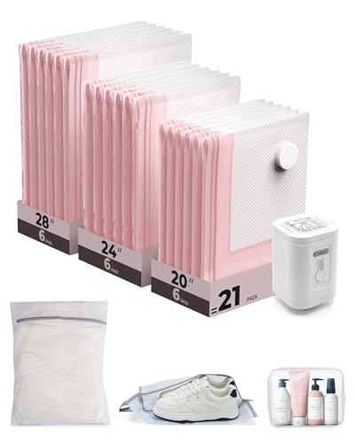 BAGSMART Vacuum Seal Storage Bags for Clothing Travel, 21 Pack Travel Essentials Bundle includes Laundry Bag & Waterproof Shoe Bag & TSA Approved Toiletry Bag, Hand Pump Included - color: Pink, size: 21 Combo Travel