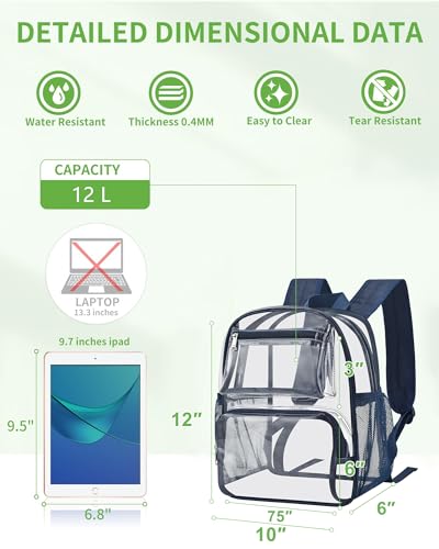 MAY TREE Small Clear Backpack Stadium Approved for Women and Men Clear Bag for Stadium Events Concert Sporting Festival, Navy - color: Navy-1, style: 2 Front Pocket-1