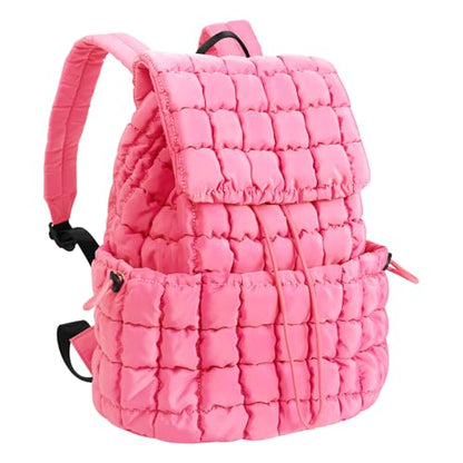XSUIOY Quilted Backpack Purse for Women Small Lightweight Puffer Puffy College Laptop Backpack Nylon Casual Bookbag Daypack Top Flap Drawstring Padding Hiker Travel Gym Backpack(Pink) - color: Pink