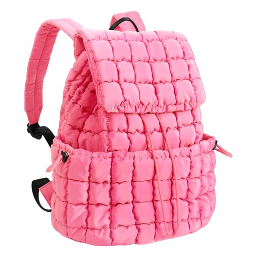 XSUIOY Quilted Backpack Purse for Women Small Lightweight Puffer Puffy College Laptop Backpack Nylon Casual Bookbag Daypack Top Flap Drawstring Padding Hiker Travel Gym Backpack(Pink) - color: Pink
