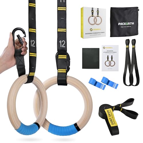 PACEARTH Gymnastics Rings 32mm Wooden Olympic Rings Support 1500lbs Locked Carabiners 9ft Double-Layer Numbered Straps Non-Slip Gym Rings with Foot Straps Door Anchor for Home Gym Full Body Workout - style: 01-1.25" Buckle Rings & Straps & Door Anchor & F