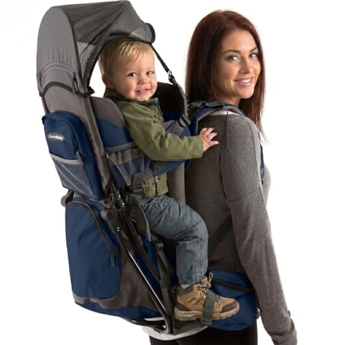 Hiking Baby Carrier Backpack - Comfortable Toddler/Baby Backpack Carrier System with Diaper Change Pad, Insulated Pocket + Rain and Sun Hood to Protect Your Child - color: Navy/Grey
