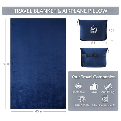 Travel Blanket, Soft 2-in-1 Airplane Blanket, 65x40 Inches, Travel Blanket Airplane Compact with Bag, Car Blanket with Luggage Sleeve & Backpack Clip (Navy Blue) - color: Navy Blue