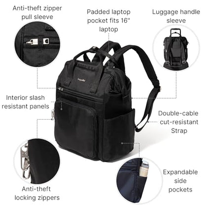 Baggallini Securtex Anti-Theft Windsor Backpack for Travel, Work & College, RFID & Locking Zipper, Up to 16" Laptop - color: Black