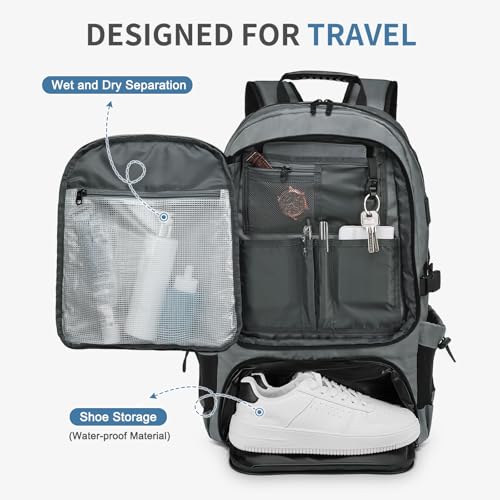 Travel Backpack 45L TSA Approved Carry on Backpack with Shoe Compartment & Wet/Dry Separation, Laptop Bag Fits 18.4 Inch Computer, Water Resistant Backpack for Men Women, Grey - color: Expandable Grey