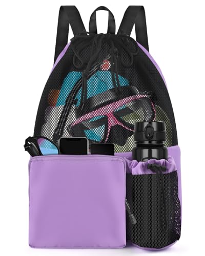 BROTOU Swim Bag Beach Backpack with Wet Pocket Mesh Drawstring Bags for Swimming, Gym - color: Purple
