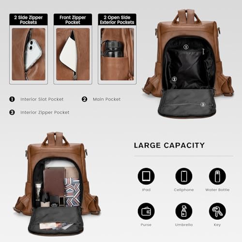 molshine Backpack,Fashion Casual Travel PU Leather Daypack Bag Shoulder Rucksack Handbags for Women HB041 - color: Brown