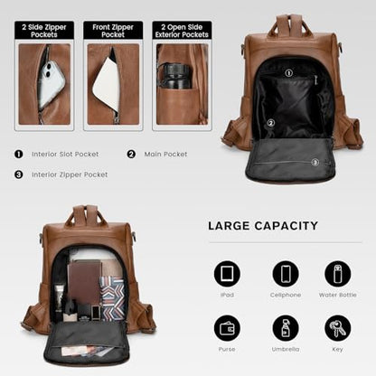 molshine Backpack,Fashion Casual Travel PU Leather Daypack Bag Shoulder Rucksack Handbags for Women HB041 - color: Brown