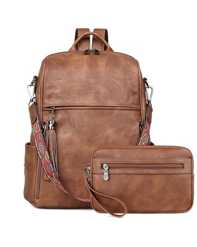 FADEON Womens Backpack Purse Large Designer PU Leather Laptop Backpacks, Ladies Computer Shoulder Bags (3 Brown Retro Style, Medium (14-in Height)) - color: 3 Brown Retro Style, size: Medium (14-in Height)