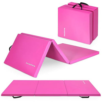 BalanceFrom 6x2 Feet 3-Panel Folding Gymnastics Mat – 2-Inch Thick Pad with Vinyl Surface and Carrying Handles for Tumbling, Yoga, Pilates, Home Workouts, and Martial Arts - color: Pink2