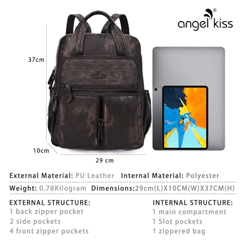 Angel Kiss Backpack Purse for Women Soft Washed Leather Multi Pocket Casual Travel Backpacks… - color: Bronze