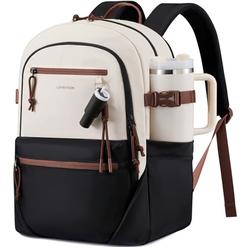 LOVEVOOK Laptop Backpack with Cute Pendant, 15.6 Inch Travel Work Backpack Computer Laptop Bag with Large Cup Holder,Waterproof Nurse Teacher College Backpack Purse,Gifts for Women & Men,Black-Beige - color: Black - Beige, size: 15.6 Inch