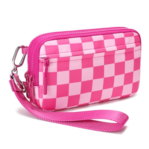 FODOKO Wristlet wallets for women Nylon Quilted Wallet with 4 Zippers,Travel Credit Card,Holder Cell Phone Organizer - color: Rose Red
