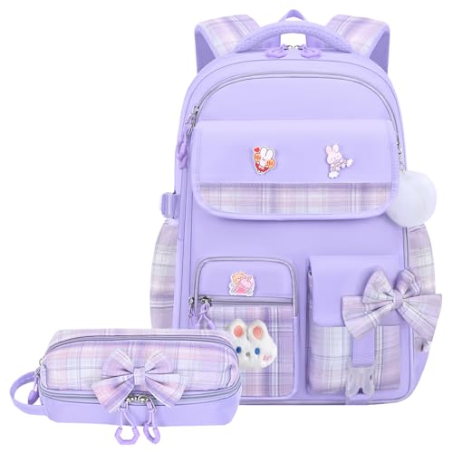 NSEQB Girls Backpack,Kids School Backpack With Lunch Box Pencil Case Set,Cute Childrens Schoolbag For Girls - color: Purple-2PCS