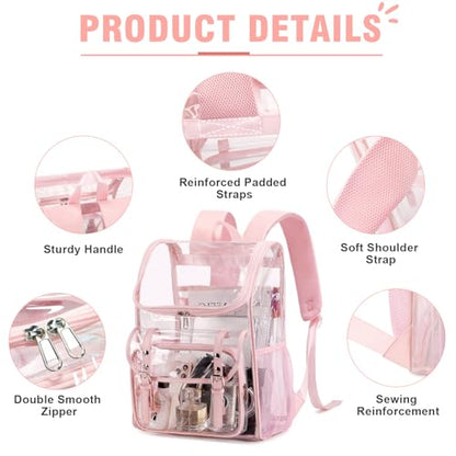 DIGOBAY Clear Backpack with Lunch Bag Set, Leather Clear Backpack Heavy Duty Thick PVC Bookbag See Through Transparent Backpacks with Support Pad for Women Girls College Travel Work Pink - color: Pink