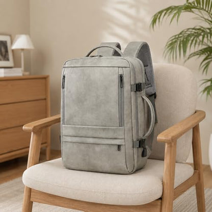 40L Travel Backpack for Men, PU Leather Carry On Backpack Flight Approved with Laptop Sleeve, Expandable Travel Bags for College Travel (Grey) - color: Grey
