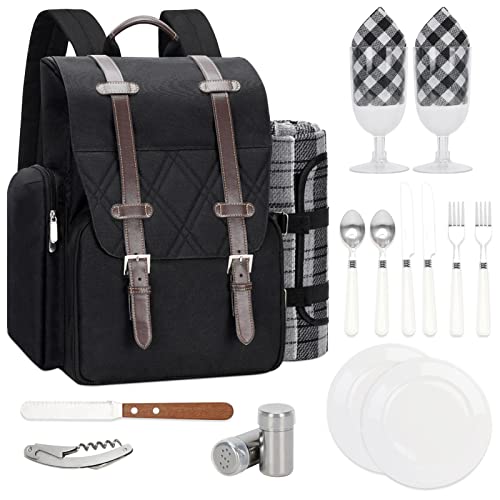 Picnic Backpack for 2 Person with Large Insulated Cooler Bag, Picnic Basket Set with Wine Pouch, Waterproof Picnic Blanket & Cutlery Set. Perfect for Camping, Party,Wedding Gift for Couple.2P-Black - color: Black, size: 2 Person