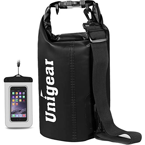 Unigear Dry Bag Waterproof, 2L/5L/10L/20L/30L/40L Floating and Lightweight Bags for Kayaking, Boating, Fishing, Swimming and Camping with Waterproof Phone Case - color: Black, size: 5L
