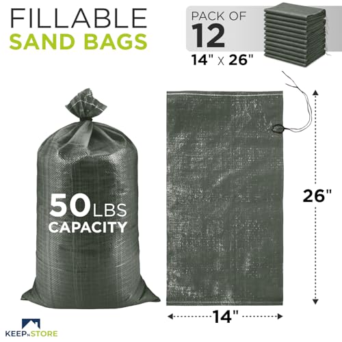 Heavy Duty Sand Bags Pack of 12, Army Green Empty Sandbags with Built-In Ties, Woven Polypropylene UV Protection 1600 Hours, Fillable Bags for Flood Control, Weight, 14x26 inches, 50 Pounds Volume - size: 14"W x 26"L, style: Pack of 12