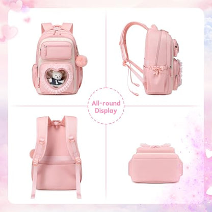 MOONBABY Girls Backpack Set with Lunch Bag & Pencil Case for School, Cute Kawaii Ita Heart Window Bookbag, Large Kids Backpack for Girls Age 6-12, Elementary & Middle Schoolbag - color: Pink-white-set