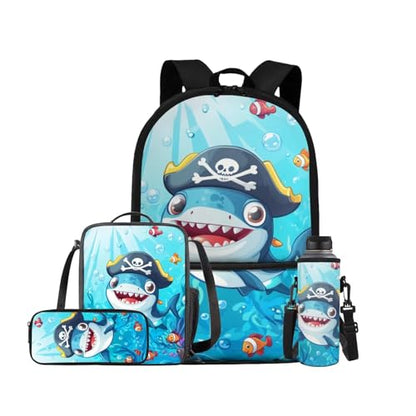 Cartoon Shark Backpack for Boys Kids Backpack with Lunch Box Water Bottle Pouch and Zipper Pencil Pouch 4PCS Set Bookbag with Front Pocket for School 17" Sturdy School Bag for Elementary Girls - color: Cartoon Shark