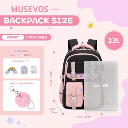 MUSEVOS Girls Backpack, Kids Backpack for Girls, School Bookbag for Teens Age 6-15, Large Capacity Water Resistant Backpack for Elementary to High School, Cute Travel Daypack, Black Pink - color: Black Pink