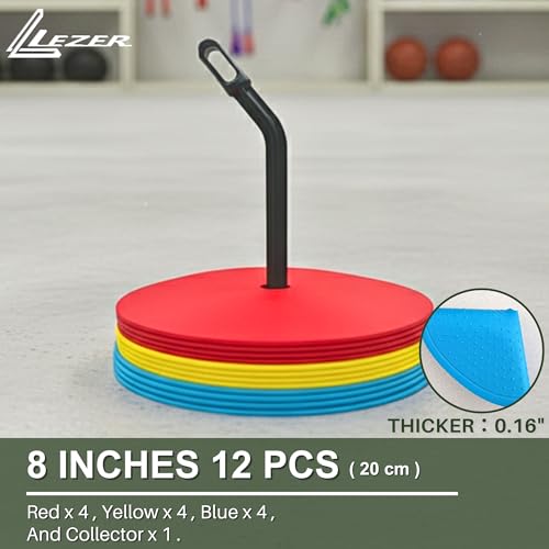 LEZER 6 Inch 8 Inch Flat Cones, Spot Markers, Soccer Cones, Field Court Markers, Sit Spots, Flat Discs, Soccer Training Equipment, Agility Practice, Football, Made in Taiwan - style: 8 inch with 12 pcs