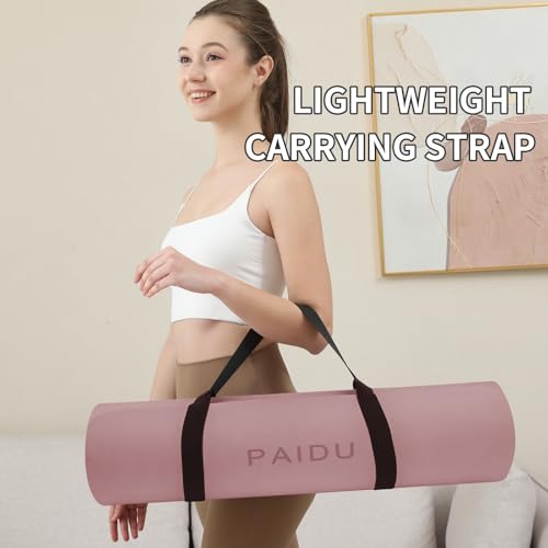 PAIDU Yoga Mat Non Slip Anti-tear,extra thick-2/5 inch（10MM）High Resiliency Professional POE Yoga Mats for Women Men Kids,72"x24"inch,Workout, Yoga, Pilates and Floor Exercise, with Carrier Strap - color: Deep Pink+Grey.