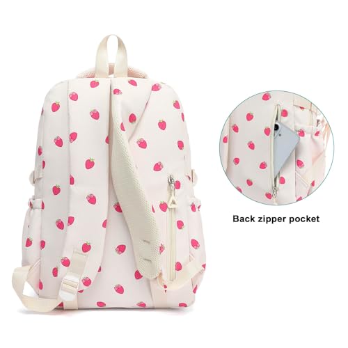 High Middle School Backpack for Girls Travel Kawaii Laptop Kids Bookbag, Strawberry Beige - color: Beige Strawberry