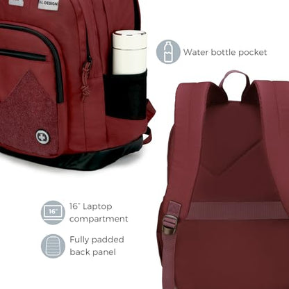 Swissdigital Design Big Student Laptop Backpack with Fun Personalized Patches For College Boy & Girl, Middle High School Teen Bookbag Cool Travel Daypack Burgundy - Includes 3 Patches | SD1718-44 - color: Burgundy