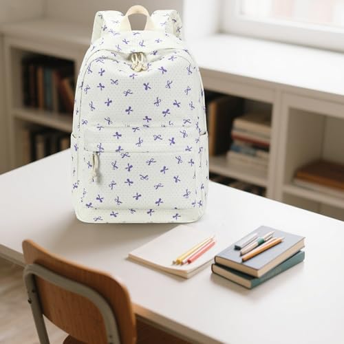 LEDAOU Backpack for Girls School Bag Kids Bookbag Teen Backpack Set Daypack with Lunch Bag and Pencil Case | Kids - color: Purple Bowtie -Beige