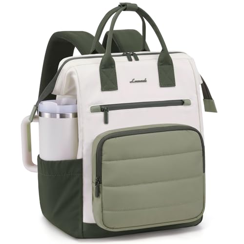 LOVEVOOK Puffer Laptop Backpack for Women, 15.6 Inch Work Backpack purse for Nurse Teacher, College Back to School Bookbag for Teen Girls, Personal Item Travel Bag Computer Daypack for Daily Commute - color: Green-beige, size: 15.6 Inch