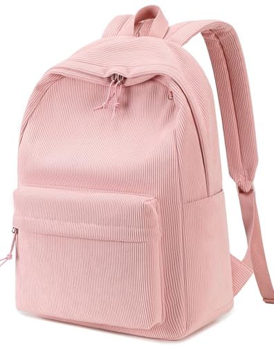 BTOOP School Backpack for Teens Large Corduroy Bookbag Lightweight 15.6 inch Laptop Bag for Girls Women Casual High School College - color: Light-pink