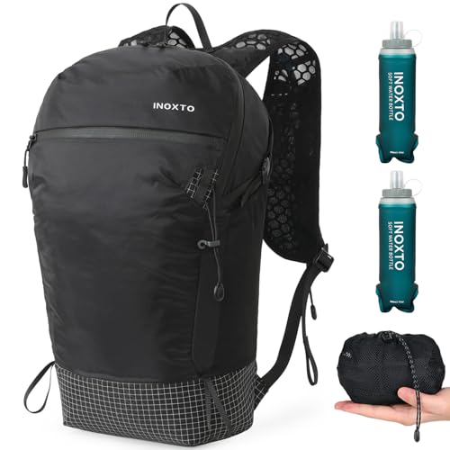 IX INOXTO Hiking Backpack 15L/22L Ultra Lightweight Packable Travel Backpack Small Waterproof Foldable Outdoor Day Pack with Two 500ML soft flasks for Men Women (Black) - color: 609 Black 15l With 2 X Soft Flask (500ml), size: 15L