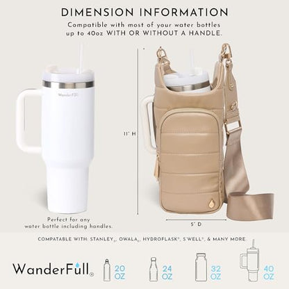 WanderFull HydroBag Handle®, Vegan Leather Hands-Free Crossbody 40 Oz Water Bottle Carrier w/Strap Bundle - color: Taupe