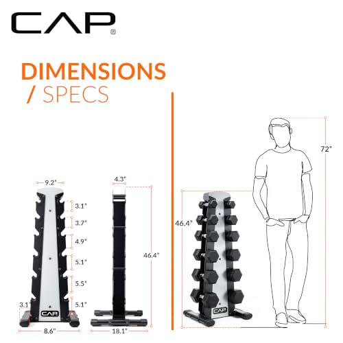 CAP Rubber Coated Hex Dumbbell Set with Storage Rack | 100–210 lb Options, Space-Saving Vertical Compact Storage for Home Gym Strength Training - size: 210 lb - Set - Silver Rack, style: Chrome Handles