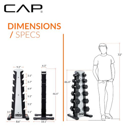 CAP Rubber Coated Hex Dumbbell Set with Storage Rack | 100–210 lb Options, Space-Saving Vertical Compact Storage for Home Gym Strength Training - size: 210 lb - Set - Silver Rack, style: Chrome Handles