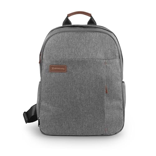 UPPAbaby Changing Backpack - Multiple Storage Compartments - Side Bottle + Laptop Pockets - Trolley Sleeve - Stroller Strap Attachment - Greyson - Charcoal Mélange| Saddle Leather - color: Greyson (Charcoal Mélange/Saddle Leather), style: Changing Backpac