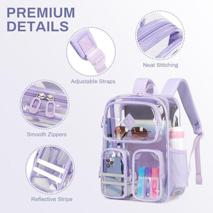 Clear Backpacks for School Heavy Duty Clear Bookbag Stadium Events Transparent Back Pack Girls Women, Purple - color: Purple