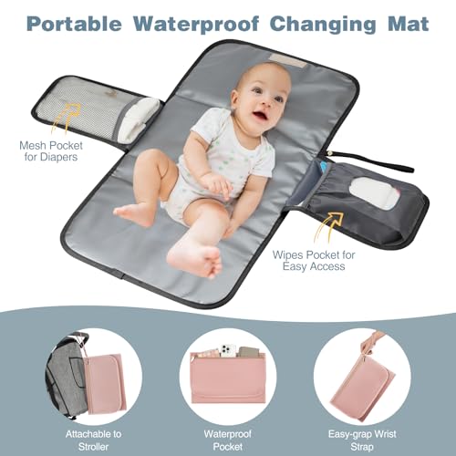 MOMUVO Diaper Bag Backpack, Quilted Baby Bag with Changing Pad & Stroller Straps & Pacifier Case, Large Travel Diaper Bags for Mom Dad, Pink Grey - color: Pink Grey