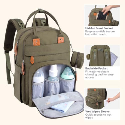 BabbleRoo Diaper Bag Backpack - Baby Essentials Travel Tote - Multi Function Water Resistant Diaper Bag, Travel Essentials Baby Bag with Changing Pad, Stroller Straps & Pacifier Case - Army Green - color: Army Green, size: Large