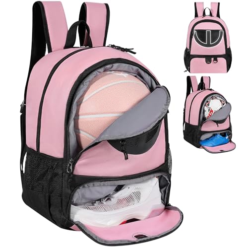 Basketball Bag Backpack for Men Women with Ball & Shoes Compartment 30L Capacity Lightweight Breathable Boys Girls Soccer Ball Bag Backpack Fit Volleyball Football Sports Travel School Gym - color: TK8Black Pink